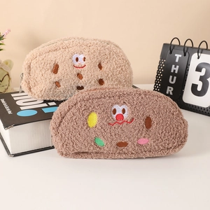 Creative plush cookie-shaped pencil case with cute cartoon face embroidery and zipper