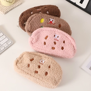 Plush Cookie Pencil Case Large Capacity Cartoon Embroidery Teddy Velvet Zipper Stationery Pouch School Office Supplies
