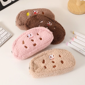 Cute cookie-shaped plush pencil case set in four soft colors with cartoon embroidery