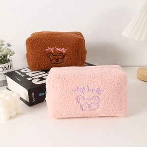 Cute teddy bear plush pencil case in brown and pink lamb wool with soft zipper closure