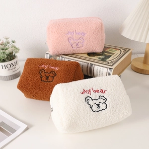 Pencil Case Plush Sherpa Fleece Large Capacity Zipper Pouch Kawaii Bear Embroidery Stationery Organizer For Girls Students