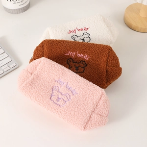 Cute teddy plush bear pencil case in pink, brown, and white with bear embroidery