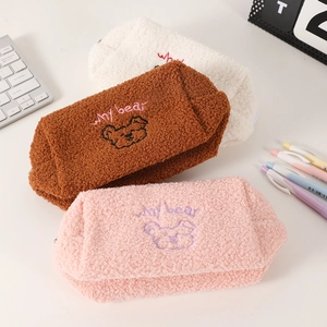 Cute lamb wool bear pencil cases in white, brown, and pink with embroidery