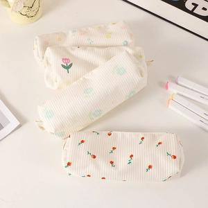 Pencil Case Corduroy Floral Tulip Large Capacity Stationery Bag For Students Desk Organizer Ins Style