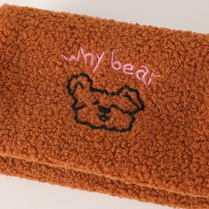 Detail of soft brown teddy fleece pencil case with pink 'why bear' embroidery and bear motif