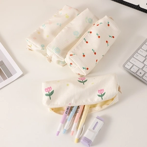 Minimalist floral corduroy pencil case with tulip pattern and large storage capacity