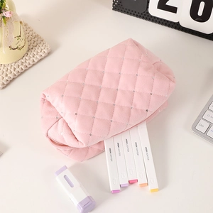 Quilted pink makeup and stationery bag with sequins and large capacity storage