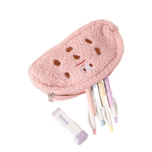Pink plush cookie pencil case with cute embroidery and large capacity for stationery