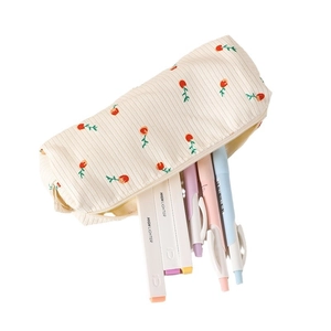Floral corduroy pencil case in cream with tulip pattern and large storage capacity
