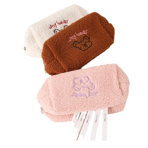 Cute teddy bear plush pencil cases in cream white, coffee brown, and sakura pink colors