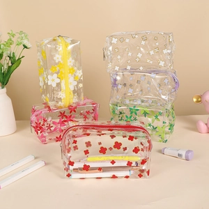 Japanese style clear PVC floral pencil cases with zipper for school supplies storage