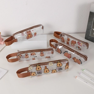 Trousse à crayons transparente Capybara grande capacité avec bordure marron chic