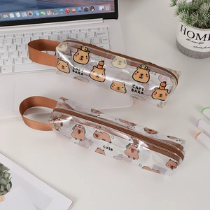 Trousse transparente Capybara grande capacité en PVC imperméable avec sangle brune