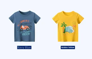 T-shirts pour enfants en bleu marine et jaune d'or avec motifs de course et de plage