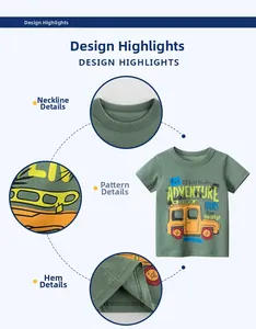 Détails du col rond, motif SUV sérigraphié et ourlet à double couture sur t-shirt garçon