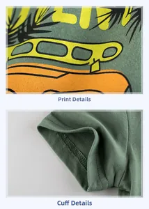 Détails de la sérigraphie et des coutures de la manche sur ce t-shirt en coton pour enfants