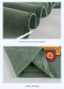 Détails des coutures intérieures en coton et de l'ourlet vert à motif dessin animé