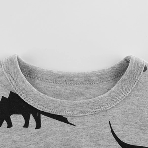 T-shirt per bambini in maglia grigia con stampa di dinosauro nero e girocollo a costine