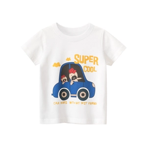 T-shirt blanc en coton pour enfants avec imprimé voiture bleue et texte graphique