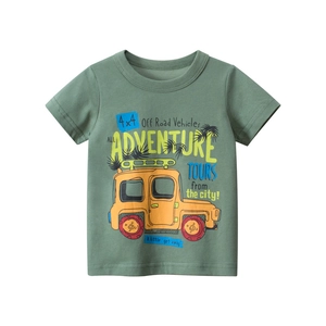 T-shirt enfant en coton vert armée avec motif d'aventure de véhicule tout-terrain jaune