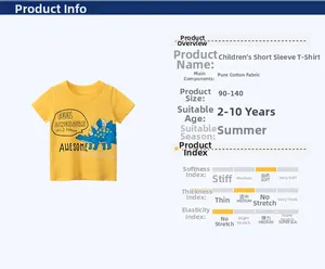 Yellow cotton kids t-shirt with blue stegosaurus print and summer size chart detail