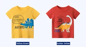 Detail view of yellow and red cotton t-shirts featuring cute dinosaur graphic prints