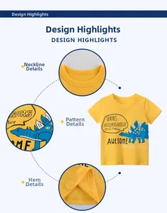 Detail view of cotton kids t-shirt with dinosaur print, crew neck and hem finishing