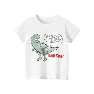 White cotton short-sleeve T-shirt for boys with green dinosaur print and graphic slogans