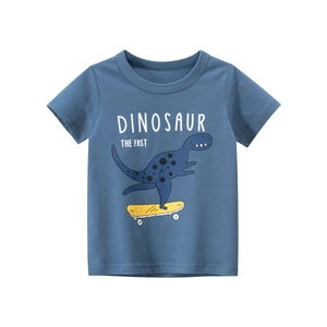 Short-sleeved blue t-shirt for boys with cartoon dinosaur riding a skateboard graphic