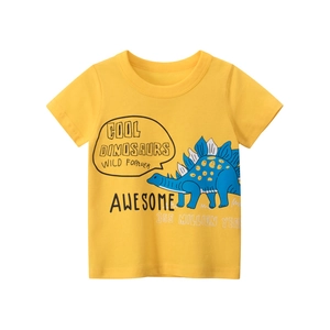 Kids bright yellow round neck short sleeve T-shirt with cool blue dinosaur print
