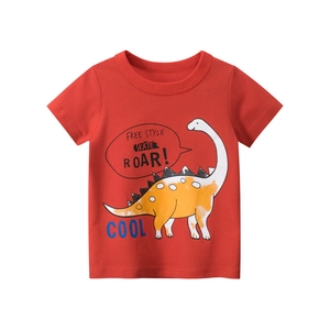 Kids red cotton short sleeve T-shirt featuring a yellow cartoon dinosaur skate print