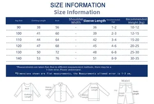 Size chart for boys long sleeve T-shirt and pants showing detailed measurements for ages 1-9