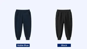 Detail of royal blue and black cotton joggers with elastic waist and ribbed cuffs