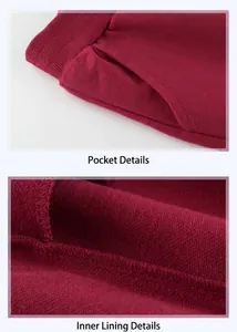 Detail of burgundy sweatpants showing side pocket design and soft fleece fabric texture