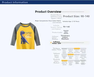 Detail of yellow cotton kid's raglan T-shirt with blue cartoon dinosaur print