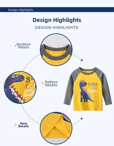Close-up of raglan sleeves, crew neck and dinosaur print on cotton long sleeve T-shirt