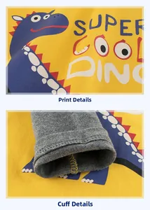 Detail of yellow cotton kids tee with dinosaur print and double-stitched cuffs