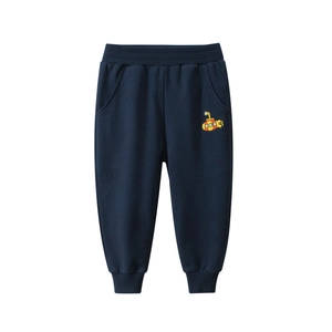 Pantaloni sportivi blu scuro per bambino con ricamo sottomarino giallo e polsini a coste