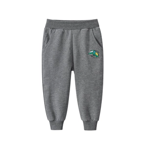 Pantaloni sportivi grigi da bambino con ricamo furgone verde e vita elastica