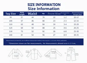 Detailed size chart for children's sports pants with measurements for age 1 to 9 years