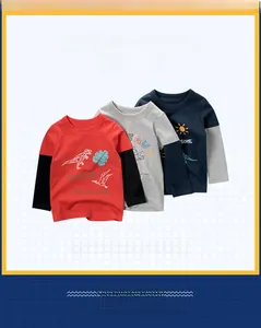 Three long-sleeved cotton T-shirts for boys featuring geometric dinosaur cartoon prints