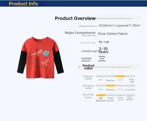 Detail view of cotton dinosaur long-sleeve tee with product specifications and fabric data