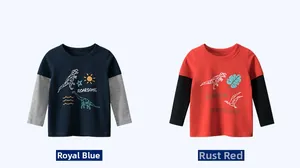 Detail of boys' dinosaur print shirts in navy blue and rust red faux-layered style