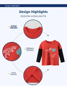 Detail view of cotton long sleeve kids t-shirt with dinosaur print and neckline stitching