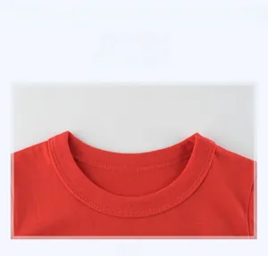 Close-up of the double-layered ribbed crew neck on a red cotton long sleeve T-shirt