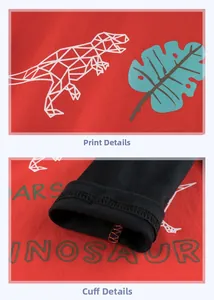 Detail of red kids dinosaur t-shirt showing cotton print quality and sleeve cuffs