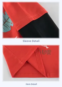 Detail of red knit shirt showing black sleeve cuffs and precise double-stitched hem finish