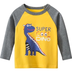 Kids long sleeve raglan T-shirt with yellow body and blue cartoon dinosaur print