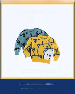 Detail of knitted boys' sweaters with cute cartoon bear patterns for ages 2-10