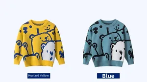 Detailed close-up of knit texture and cute bear patterns on mustard and blue sweaters